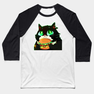 Black Fat cat with eating burger Baseball T-Shirt